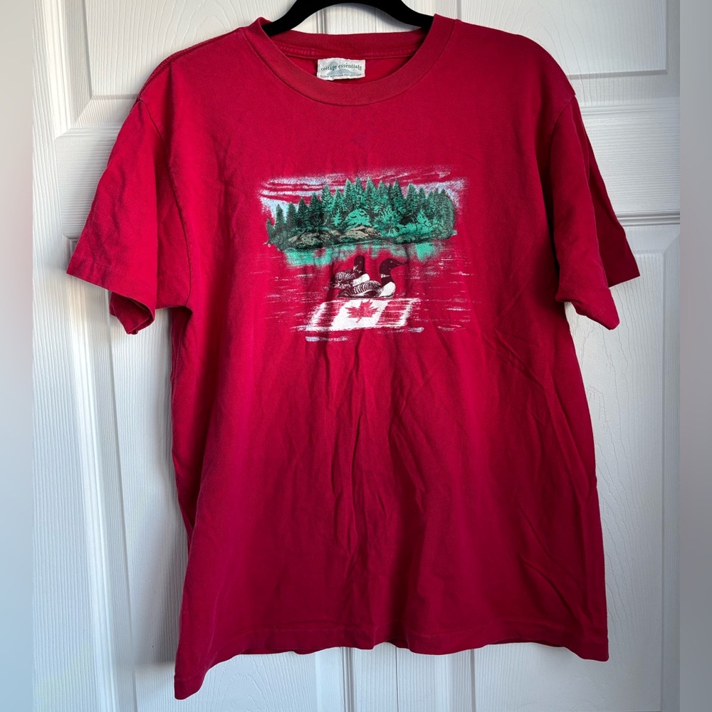 Northern Reflections Red Short Sleeve Tee with Lake Scene 🇨🇦